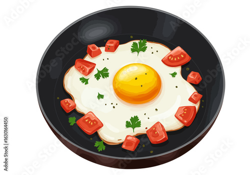 Illustrated sunny-side up fried egg with tomatoes and parsley garnish in a black skillet.
