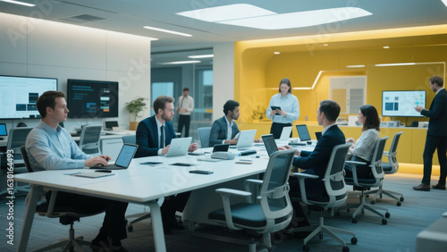 Business professionals engaged in a meeting around a conference table in a modern office setting.