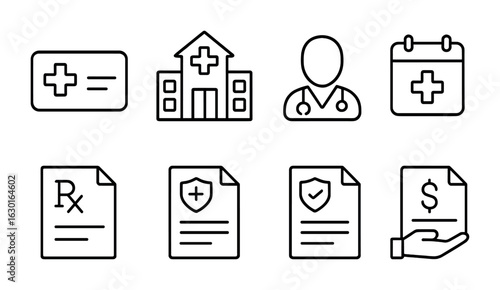 Healthcare Insurance Icons. Outline icon set of healthcare insurance: insurance card, hospital, doctor,