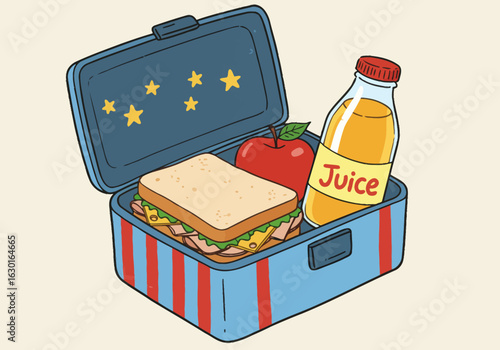 Blue Striped Lunchbox with Sandwich, Apple, and Juice Bottle