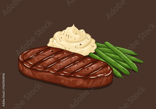 Delicious Grilled Steak with Mashed Potatoes and Green Beans, Cartoon Style