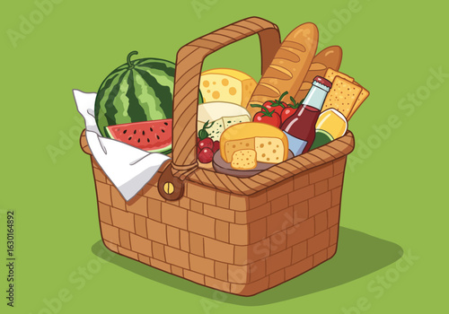 Cartoon Woven Picnic Basket Filled with Watermelon, Cheese, Baguettes, Tomatoes, and Bottle