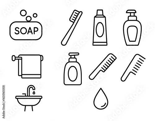 Hygiene Icons Set. Outline icon set of personal hygiene: soap, toothbrush, toothpaste, towel, shampoo, comb,