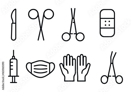 Surgery Tools Icon Set. Outline icon set of surgery tools: scalpel, scissors, clamp, bandage, syringe,