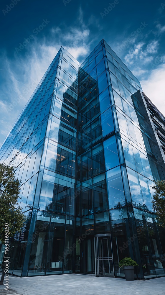 Obraz premium Modern glass office building against a partly cloudy sky.