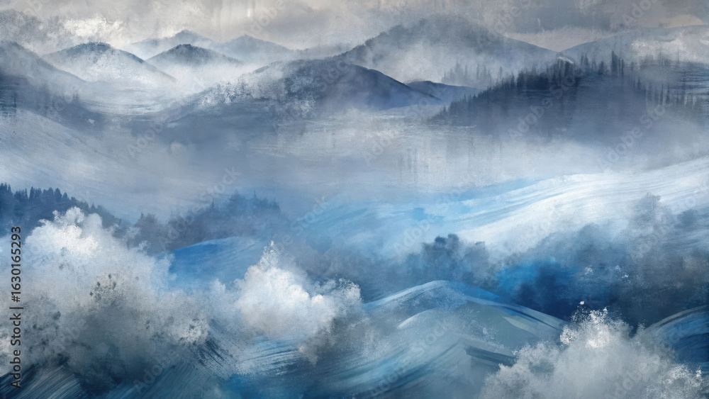 Fototapeta premium A misty watercolor painting of a mountain range shrouded in fog with a serene and peaceful atmosphere