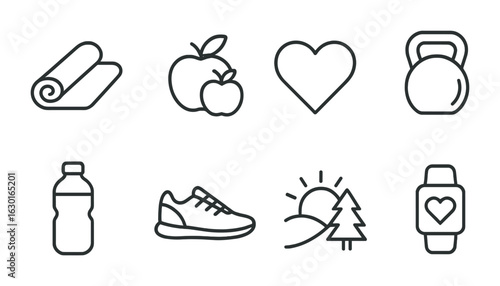 Wellness Lifestyle Icons. Outline icon set of wellness lifestyle: yoga mat, apples, heart, gym, water bottle,