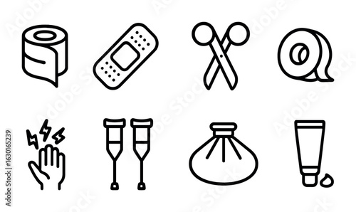 Medical Treatment Icons. Outline icon set of medical treatments for injury: bandage, plaster, scissors, tape,