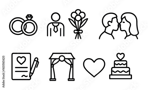 Wedding Icons Set. Outline icon set of marriage icons: wedding rings, couple, bouquet, kiss, vows, altar,