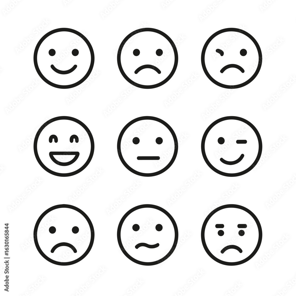 Human Expression Icons. Outline icon set of human expressions: smile, frown, surprised, angry, laughing, neutral, wink, sad, Human Expression Icons. Outline icon set of human expressions: smile, frown, surprised, angry, laughing, neutral, wink, sad,