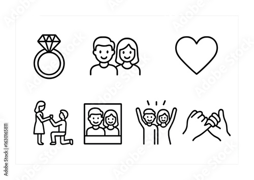 Marriage Proposal Icons. Outline icon set of marriage proposals: ring, couple, heart, kneeled, smile, photo,