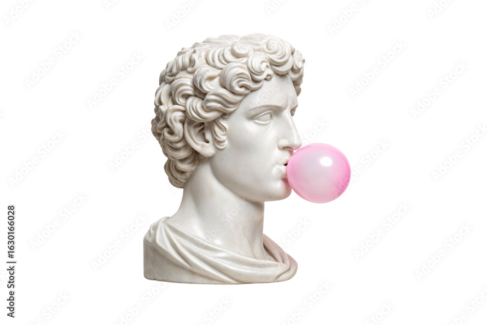 Obraz premium Ancient Roman statue head blowing large pink chewing gum bubble, timeless art with whimsical element, isolated on a transparent background