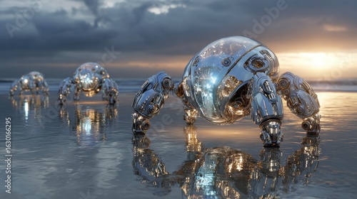 Robotic Creatures Emerging From Ocean Waves at Sunset Reflection