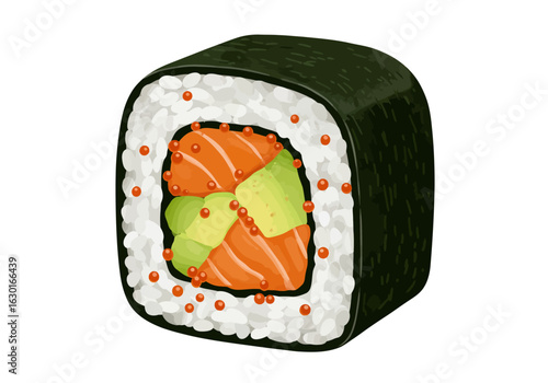 Illustrated single futomaki sushi roll with fresh salmon, avocado, and tobiko roe.