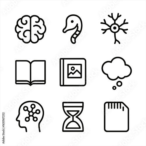 Human Memory Icons. Outline icon set of human memory concepts: brain, hippocampus, neuron, memory book, photo album, thought