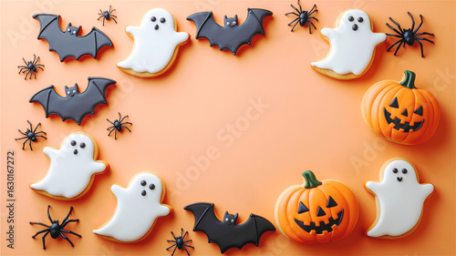 ハロウィンのフレーム　可愛いおばけクッキー　かぼちゃクッキー　コウモリクッキー