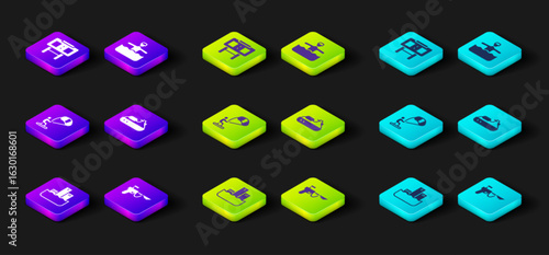 Set Winner podium, Fishing harpoon, Kitesurfing, Jet ski, Water gymnastics and Sport mechanical scoreboard icon. Vector