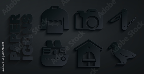 Set Farm house, Swiss army knife, Cruise ship, Albatross, Photo camera and Sweater icon. Vector