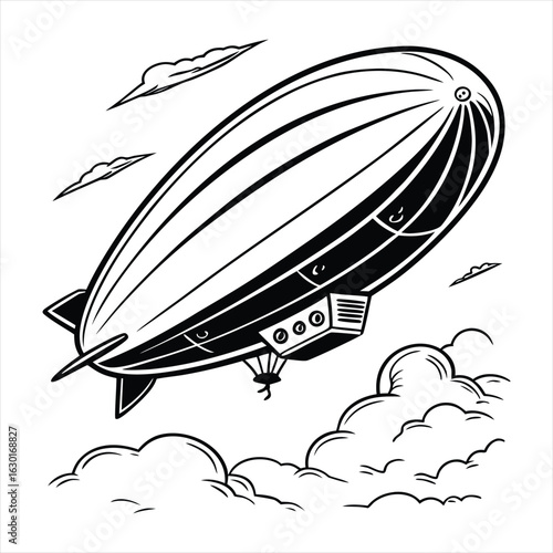 A classic blimp or airship depicted in a striking silhouette, soaring through fluffy clouds