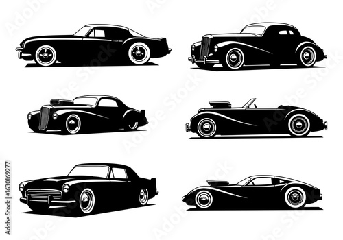Classic cars silhouette designs for vintage automobile enthusiasts and collector projects