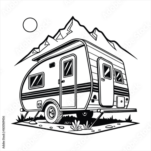 A detailed black and white illustration of a vintage camper trailer parked with mountains and a sun in the background, rendered in a distinctive silhouette style