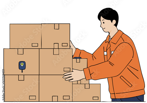 A delivery worker adjusts stacked cardboard boxes, showcasing a professional and organized scene. Bright orange jacket and modern illustration style.