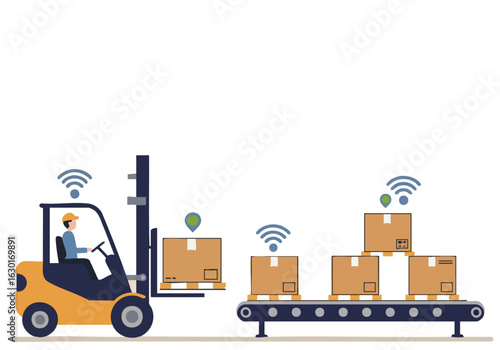 Forklift operates a conveyor belt with boxes, showcasing warehouse logistics with wireless tracking. Modern, clean illustration for business and supply chain visuals.