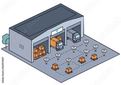 Illustration depicts a warehouse with truck sensors tracking pallet locations. Modern, clean design showcases logistics and inventory management. Ideal for business and technology visuals.