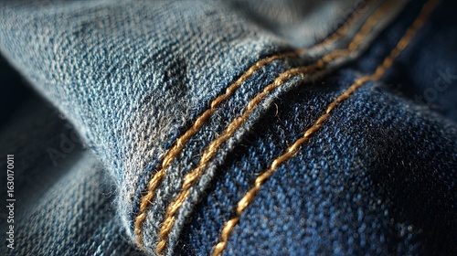 Closeup denim fabric texture gold stitching
