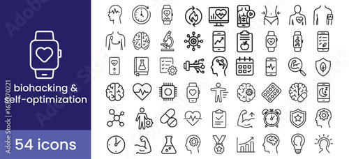 Biohacking icon set for human health and body performance enhancement, using biology, science, and technology.

