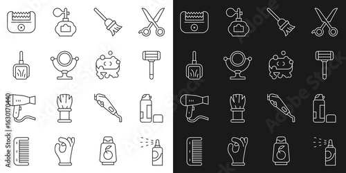 Set line Spray can for hairspray, Shaving gel foam, razor, Mop, Round makeup mirror, Dustpan, Electrical clipper and Bar of soap with icon. Vector
