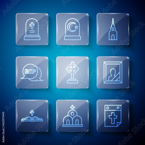Set line Holy bible book, Church building, Calendar death, Grave with cross, Speech bubble rip, tombstone and Mourning photo frame icon. Vector