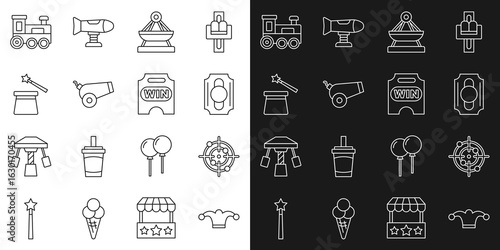 Set line Jester hat with bells, Target sport, Circus ticket, Boat swing, Cannon, Magic and wand, Toy train and icon. Vector