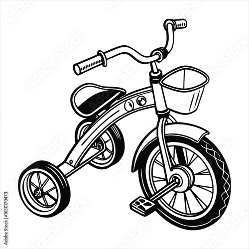 A black and white line drawing of a vintage tricycle, showcasing its simple design and basket in a silhouette style