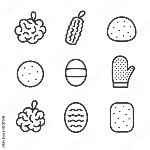 Hygiene Sponge Icons. Outline icon set of personal hygiene sponges: bath sponge, loofah, konjac sponge, facial sponge, body scrub