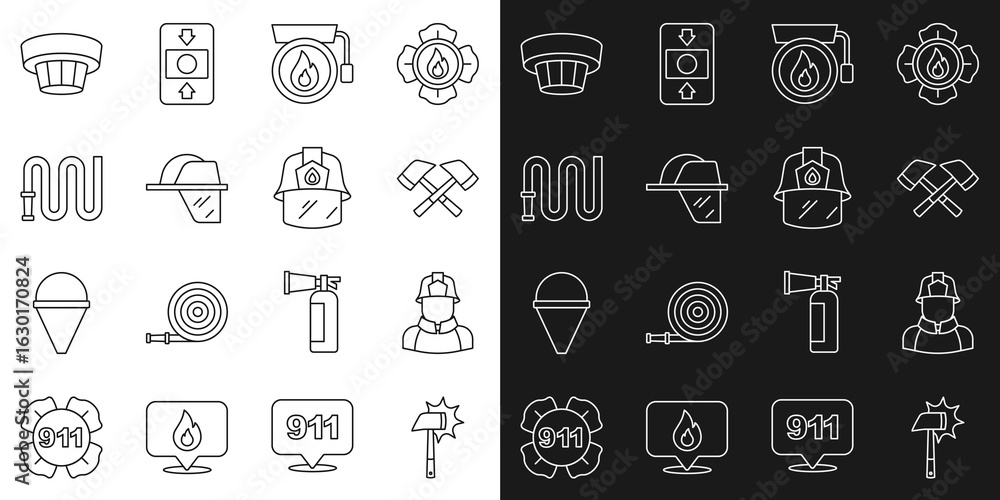 Set line Firefighter axe, Ringing alarm bell, helmet, hose reel, Smoke system and icon. Vector Set line Firefighter axe, Ringing alarm bell, helmet, hose reel, Smoke system and icon. Vector