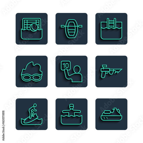 Set line Surfboard, Water gymnastics, Jet ski, Swimming pool with ladder, Assessment of judges, Glasses for swimming, polo and Fishing harpoon icon. Vector