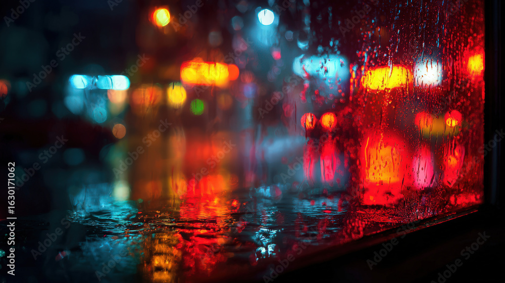Obraz premium Rainy night reflections urban cityscape photography vibrant colors close-up view mood and atmosphere