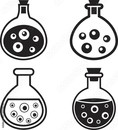 Magic, potion, icon, set, flask, bottle, silhouette, vector, black, white, isolated, illustration, design, fantasy, alchemy, elixir