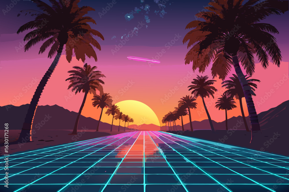 Naklejka premium Fascinating Retro Neon Grid Landscape with Sunset and Pal Expert Photography Craft Bold Striking Visual Impact Ideal for Product Marketing Materials Professional Portfolio Quality Asset Creative Asset