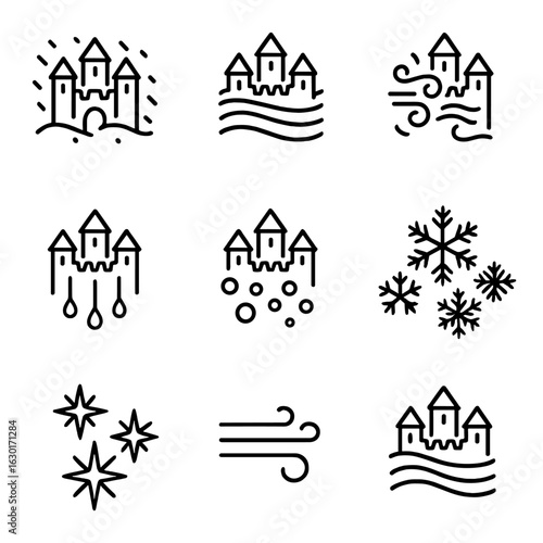 Ice Castle Icons. Outline icon set of ice castle weather effects: snowstorm, frost fog, icy wind, freezing rain, glacial hail,