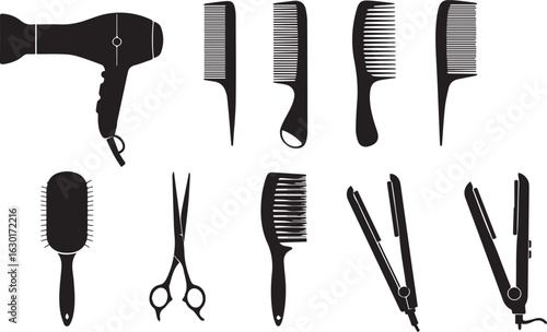 Assortment of Black Silhouette Hair Styling and Grooming Appliances hairdryer comb