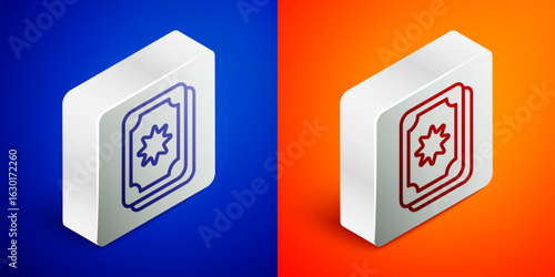 Isometric line Tarot cards icon isolated on blue and orange background. Magic occult set of tarot cards. Silver square button. Vector