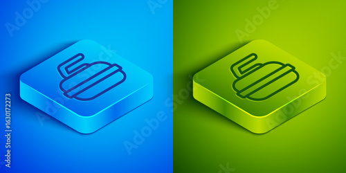 Isometric line Stone for curling sport game icon isolated on blue and green background. Sport equipment. Square button. Vector