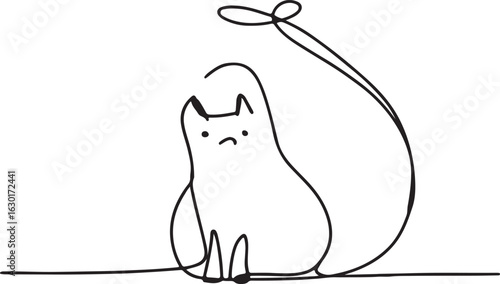 Whimsical single line drawing of a sad cat sitting with a long curly tail and ears alert	