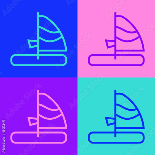 Pop art line Windsurfing icon isolated on color background. Vector