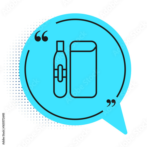 Black line Electronic cigarette icon isolated on white background. Vape smoking tool. Vaporizer Device. Blue speech bubble symbol. Vector