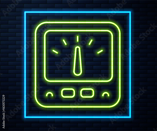 Glowing neon line Ampere meter, multimeter, voltmeter icon isolated on brick wall background. Instruments for measurement of electric current. Vector