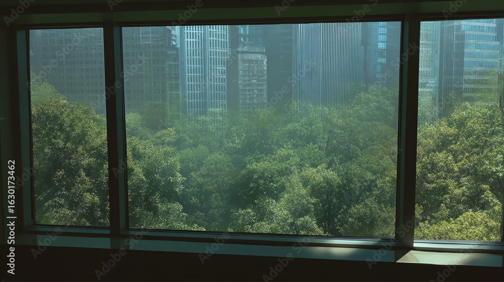 Naklejka premium A lush green park is viewed through large office windows with skyscrapers in the background during daylight.