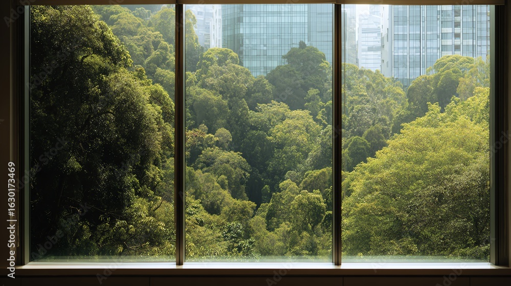 Naklejka premium A view of a lush green forest with tall trees, seen through a large window with vertical frames, with city skyscrapers in the background.